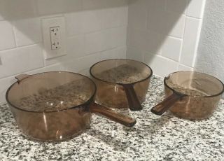 Pyrex Vision Corning Ware Vintage 3 Piece Amber Glass Cookware Pots - No Lids