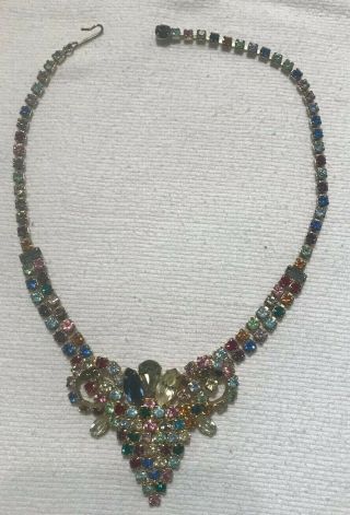 Vintage 1950s Multicolored Rhinestone Necklace With Matching Pendant