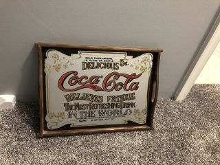 Vintage Coca - Cola " Relieves Fatigue " Advertising Mirror Wooden Tray W/ Handles