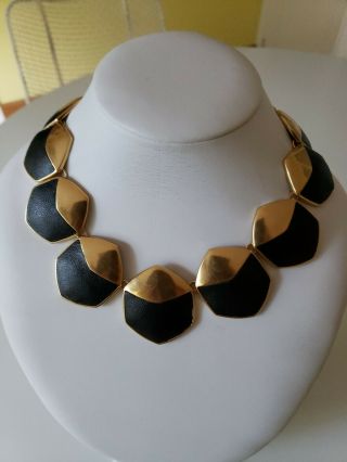 Rachel Zoe Black Leather /antique Gold Necklace