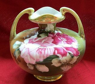 Vintage Nippon Porcelain Hand Painted 2 Handled Vase " Stunning "