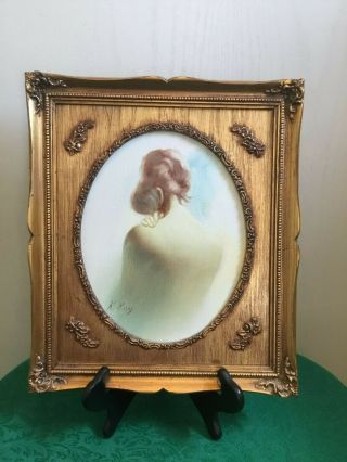 Vintage Oil Print Canvas - Nude Woman Back Signed K.  Ray Gold Gilt Wood Frame