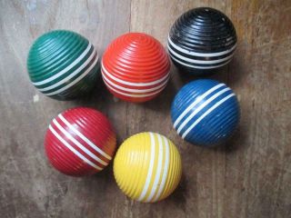 Set Of 6 3.  5 " Vintage Wood Croquet Balls Triple Striped & Ribbed 6 Colors
