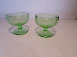 Vintage Federal Glass Green Vaseline Uranium Paneled Sherbet Cups Bowls Set Of 2