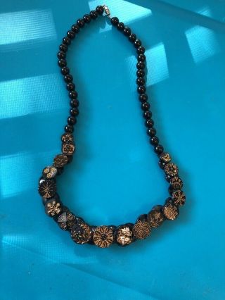 Rare Antique Vintage Black Glass Button Necklace Estate Jewelry - Reversible