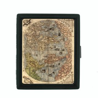 Vintage World Maps Themed D2 Small Black Cigarette Case Card Money Holder
