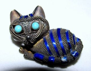 Antique Vintage Chinese Gilt Sterling Silver Enamel Cat Persian Turquoise Pin