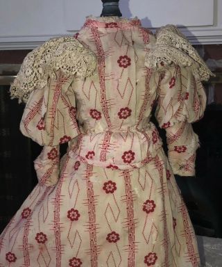 Extraordinary Calico Spun Cotton Antique Doll Dress 2 - Piece French Fashion Rare