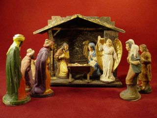Antique Vintage Christmas German Creche Nativity Set 12 Figures Stable & Manger