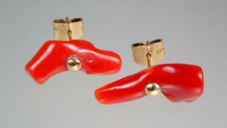 Pair Vintage Mid Century Solid 14k Gold Freeform Natural Red Coral Earrings