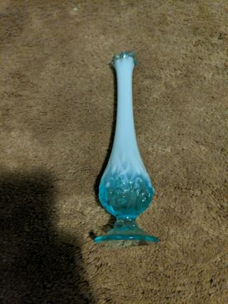 Vintage Fenton Art Glass Blue Opalescent Hobnail 10.  5 " Ruffle Top Stretch Vase