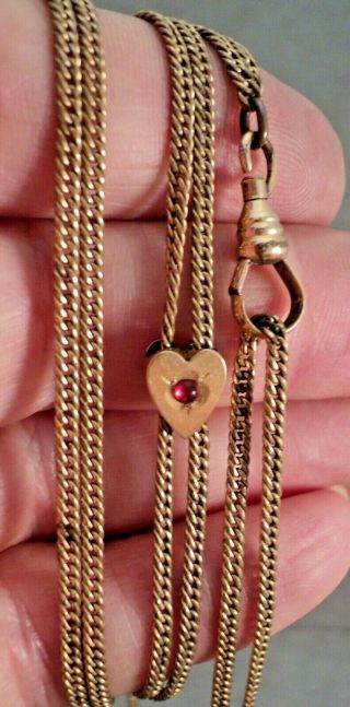 Vtg Antique Gold Filled 24 " Pocket Watch Chain Heart Slide Necklace - Estate Find
