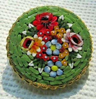 Vintage Micro Mosaic Green Flowers Floral Italy Bouquet Round Circle Pin Glass