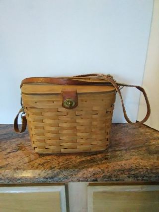 Vintage Longaberger Picnic Basket Handwoven Weaved W/ Clasped Lid,  Insert,  Strap