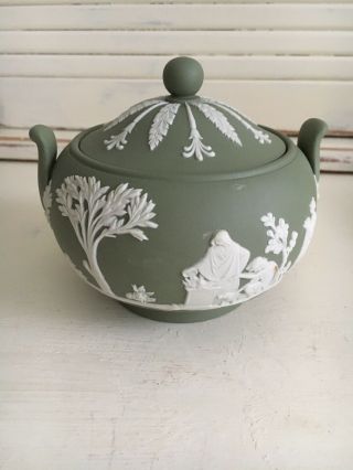 Vintage Wedgwood Jasperware Sage Green Sugar Bowl Jar With Lid Euc