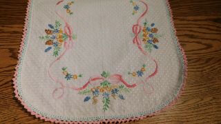 Vintage Hand Embroidered Table Runner Scarf Pink Blue Cottage Chic Estate