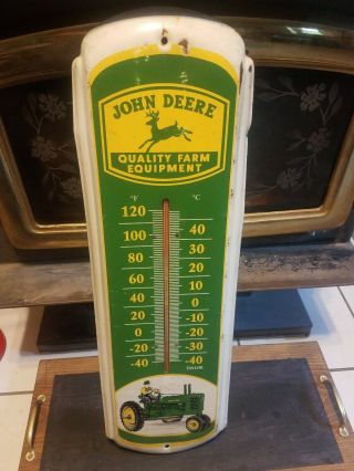 Vintage John Deere Quality Farm Equipment Metal Wall Thermometer Large 27x8