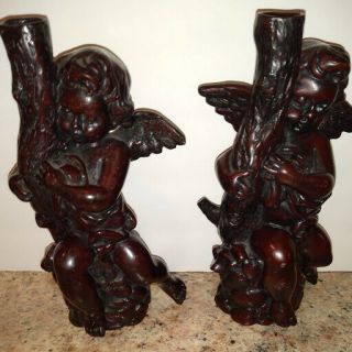 Vintage Pair Hand Carved Dark Wood Cherub CANDLE HOLDERS CANDLESTICKS Cherubs 2