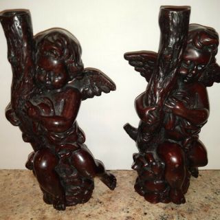 Vintage Pair Hand Carved Dark Wood Cherub CANDLE HOLDERS CANDLESTICKS Cherubs 3