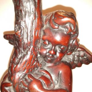 Vintage Pair Hand Carved Dark Wood Cherub CANDLE HOLDERS CANDLESTICKS Cherubs 4