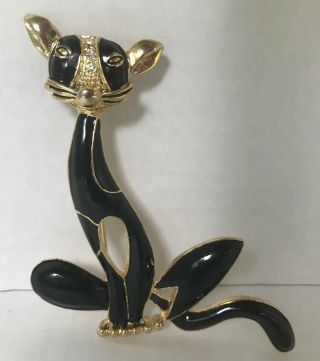 Vintage Kitty Cat Black Gold Tone Enamel Pin Brooch Rhinestones Whiskers 3.  75 "