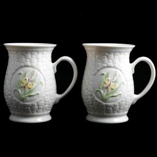 Belleek Butterfly Mugs Irish Porcelain Vintage Basketweave Pair Pottery Cups