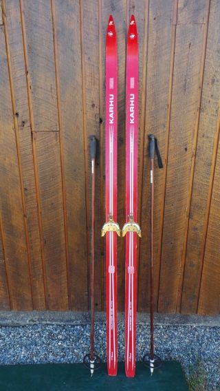 Vintage Wooden 77 " Long Red White Skis With Bindings Signed Karhu,  Bamboo Poles