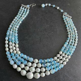 Signed Germany Vintage Multi Strand Blue Givre Glass Bead Necklace L17