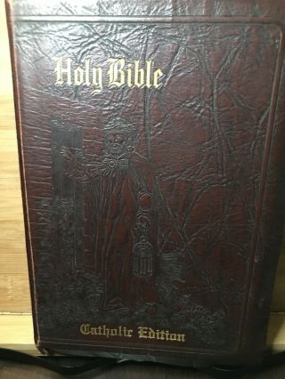 The Holy Bible Catholic Edition Vintage 1950s Illustrated With Embossed Cover