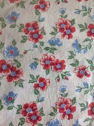 Vintage Full Feed Sack Red And Blue Cosmos With Green Leaves On Light Cream
