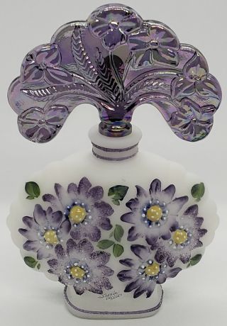 Vintage Fenton White Satin Perfume Bottle With Hp Violet Asters By Sheela Miller
