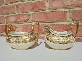 Antique Vintage Pickard China Hand Painted Creamer & Sugar White Flowers Gold
