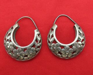 Vintage Sterling Silver Pierced Earrings Hoops Flowers Modernist Jewelry 695k