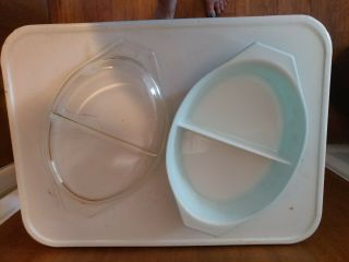 Vintage Pyrex Turquoise Snowflake Divided Serving Dish W/Lid 1 1/2 Qt MINTY 2