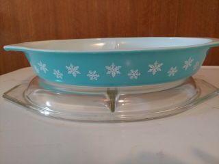 Vintage Pyrex Turquoise Snowflake Divided Serving Dish W/Lid 1 1/2 Qt MINTY 3