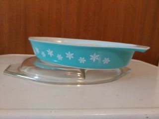 Vintage Pyrex Turquoise Snowflake Divided Serving Dish W/Lid 1 1/2 Qt MINTY 4