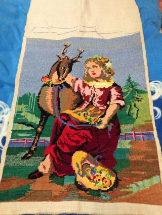Vintage Ukrainian Embroidery Needlework Painting Cloth Piece Women And Deer