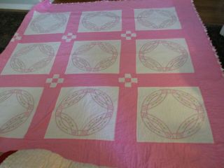 Vintage handmade quilt Wedding ring embroidery and cross stitch 72 X 72 2