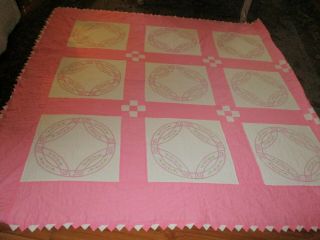 Vintage handmade quilt Wedding ring embroidery and cross stitch 72 X 72 5