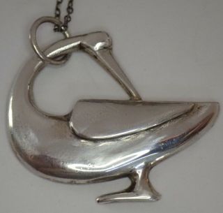 Vintage Mid Century Modernist Signed Sterling Silver Bird Pendant Necklace