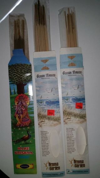Vintage Incense Sticks 3 Packages 2 Aroma Garden 1 Hare Krishna Wooden Burner