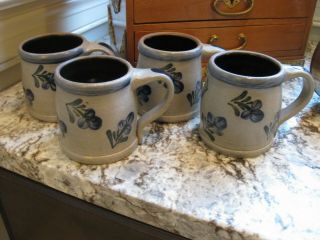 Set Of 4 Rowe Pottery Salt Glazed Cobalt Blue Mugs Vintage 1996 Kz