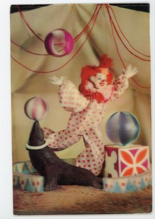 Vintage 3d Lenticular Postcard Circus Clown Performing With Seal