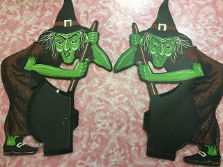 2 Vtg 1950’s 60’s Halloween Green Witch With Honeycomb Cauldron Made Usa