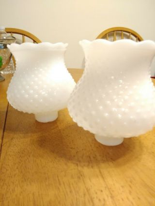 Two Vintage Hob Nail White Milk Glass Lamp Shades 1 - 3/4 " Fitter 5 " Wide 4 " Tall