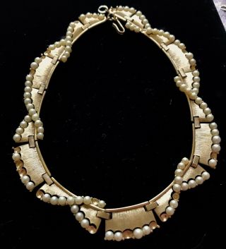 Vtg Trifari Gold Tone Faux Pearl Collar Necklace Signed 15 1/2 " Repair M001