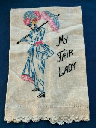 Vintage Embroidered Linen Finger Tip Guest Towel My Fair Lady Victorian Woman