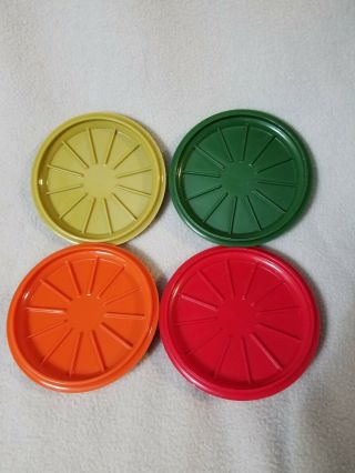 Set 4 Vintage Tupperware Coasters 1313 Mug Lids Harvest Colors Green Red Yellow