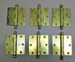 Three Pair Vintage Stanley Brass Plated 3 - 1/2 X 3 - 1/12 " Ball Tip/pin Door Hinges