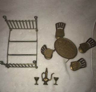 Vintage Dollhouse Miniature Metal Brass Bed & Dining Set Chairs Goblet Furniture
